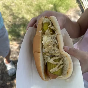 Sauerkraut on a huge sausage.