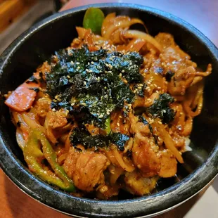 Jaeyuk Dolsot (Stone Pot Bibimbap with Stir-fried Pork)