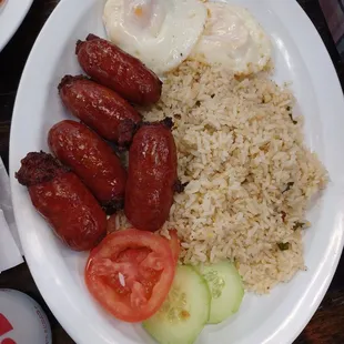 Filipino sausages  breakfast plate with garlic rice &amp; eggs, $9.99.