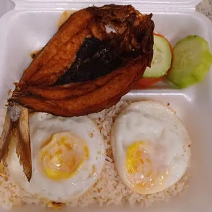 Baby milk fish, two eggs &amp; garlic rice combo plate, $9.99