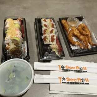 Shrimp tempura crunch roll, spicy tuna roll and shrimp tempura with cucumber salad to go. Beautiful presentation and food was good.