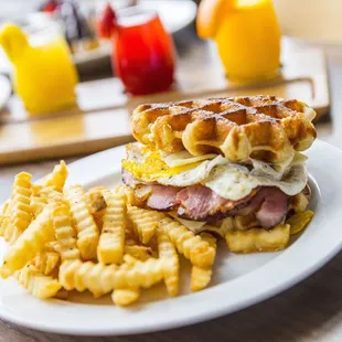  waffle sandwich and french fries