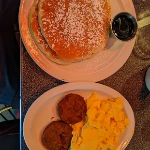 Half order of pancakes, scrambled eggs and veggie sausage