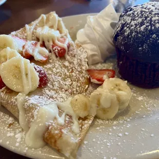 Strawberry Strawberries, Bananas, &amp; Cream Cheese Sauce Crepe with the daily muffin. Super delicious!!!!