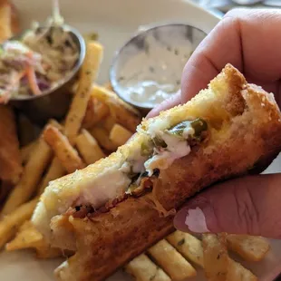 Popper toast with Mediterranean fries and a side of tzatziki with a Greek frappe ($20 before tip)