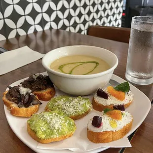 Crostini variety and a bowl of potato, lemon &amp; leek soup; so fresh and tasty, we loved everything!