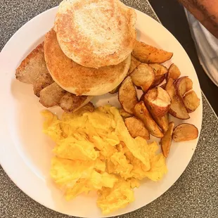 2 eggs, sausage, Home Fries, and English muffin