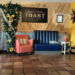 Seating area with decorated tree