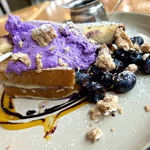 Ube French toast was bomb! Not overly sweet, blueberries were fresh and that ube cream was perfect