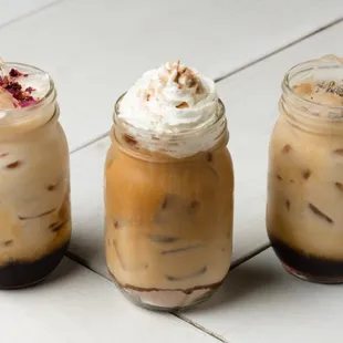 All of our lattes can be made iced.  Stop in and cool off with one of our 6 unique flavored lattes.