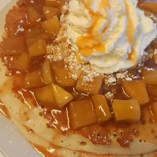 Caramel Apple Pancakes on our Fall specials menu. Ghirardelli caramel, sauteed apples, and shortbread crumble!