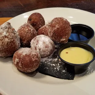 Blueberry doughnuts, creme englaise, and maple syrup