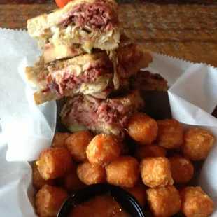 Cuban Reuben with sweet potato tots