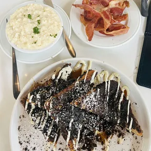 Cookies &amp; Cream French toast, bacon side, cheese grits