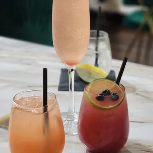 Blueberry lavender margarita, watermelon mimosa and strawberry margarita.