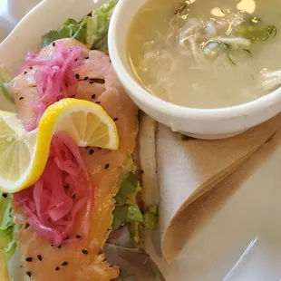 Smoked salmon and avocado on toast , of course. With a cup of lemon,chicken and rice soup with a bit of fresh dill