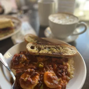 Shrimp and grits and Caramel latte