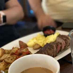 Coffee and Tri tip and eggs with home style potatoes
