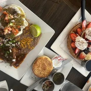 Birria for brekkie (with 2 sunny up eggs added) and Mixed Fruit Belgian Waffle