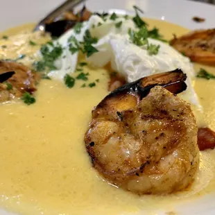 Shrimp &amp; grits with perfectly poached eggs. So good!