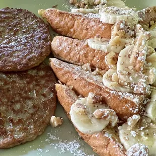 Banana walnut French toast with sausage.