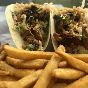Korean BBQ Pork Tacos with Fries