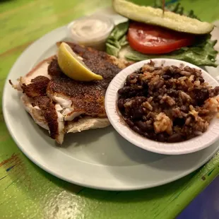 Grouper Sandwich &amp; Black Beans and Rice