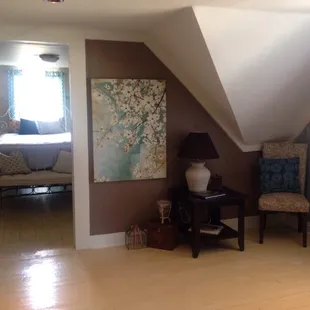 a bedroom with a view of the bed