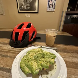 avocado toast (sub croissant), oat caramel latte