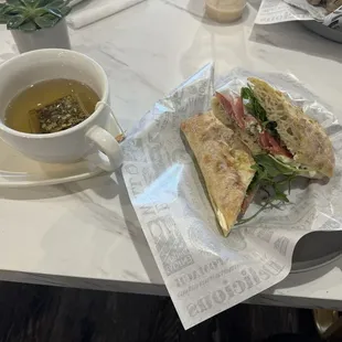 Prosciutto sandwich and tea