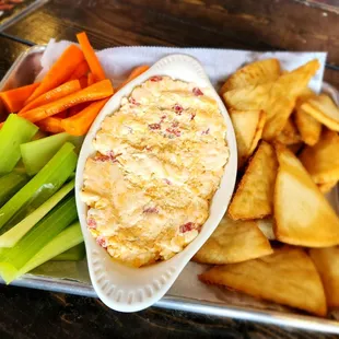 Pimento dip with veggies and pita chips