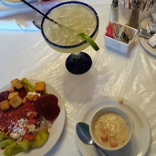 The FOX42 Steakhouse Tour 2nd course salad and corn chowder. Margarita not part of the package.