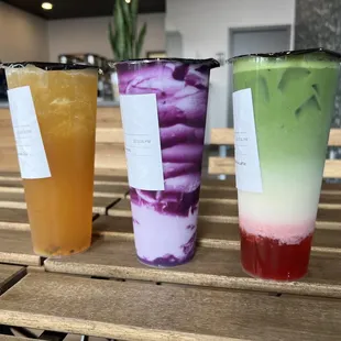 Passion Fruit Green Tea, Ube Latte, and Strawberry Matcha Latte