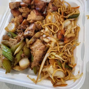 Pepper chicken, bourbon chicken, and lo mein.