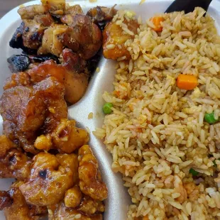 Fried rice with bourbon chicken and orange chicken