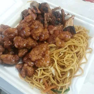 Noodles bourbon and orange chicken