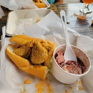 Catfish poboy with a sample of red beans and rice!