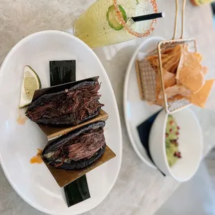 Birria tacos and guacamole and chips