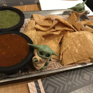 Chips and two styles of salsa