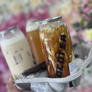 Jasmine milk tea, passion fruit green tea and brown sugar milk
