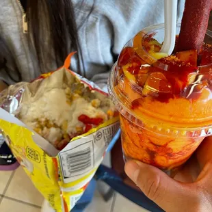 Mango nada &amp; elote with hot Cheetos.