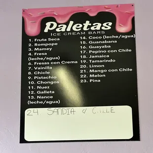 Paletas / Ice cream bars menu