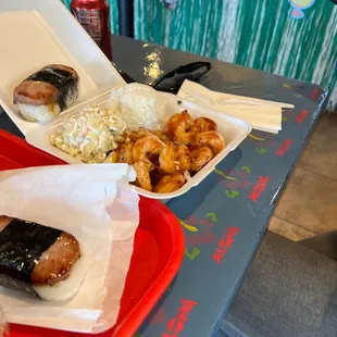 Small Teriyaki shrimp with rice and macaroni salad for $10.99 and a musubi (spam roll)