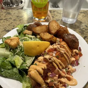 Salmon Baja style, roasted potatoes and Cesare salad pair with an IPA draft.