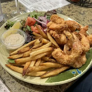 Fried shrimp, fries and market salad paired with Pinot Grigio.