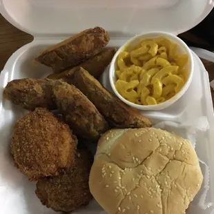 Stuffed shrimp, crab cakes, wedges and macaroni smh...