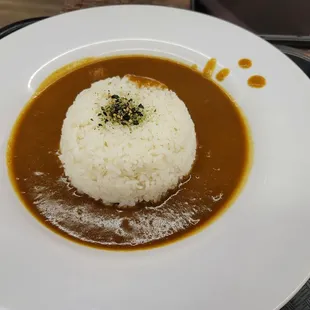 a plate of rice and gravy