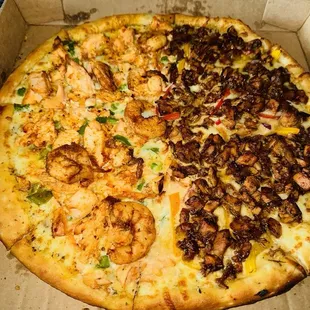 Half jerk chicken half salmon and shrimp