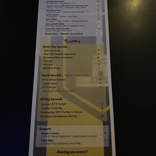 a menu for lunch