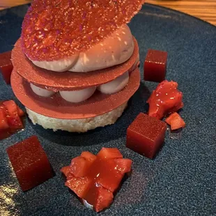 strawberry angel food cake...... marinated strawberries, crispy tuile